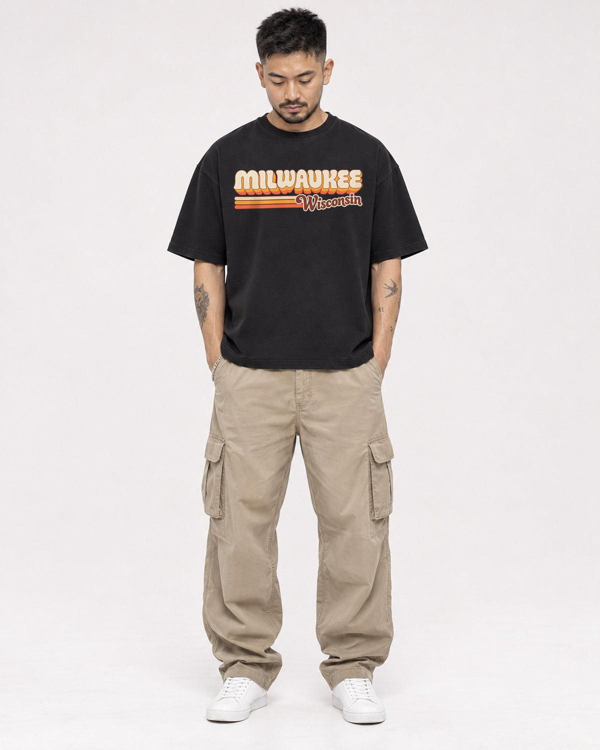 Mockup Boxy Heavyweight Tee Black male full-body 12