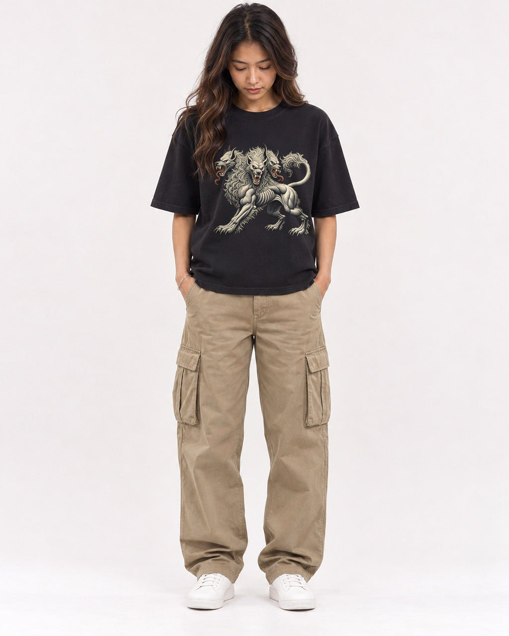 Mockup Boxy Heavyweight Tee Black female full-body 02