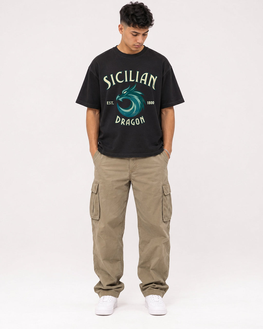 Mockup Boxy Heavyweight Tee Black male full-body 16