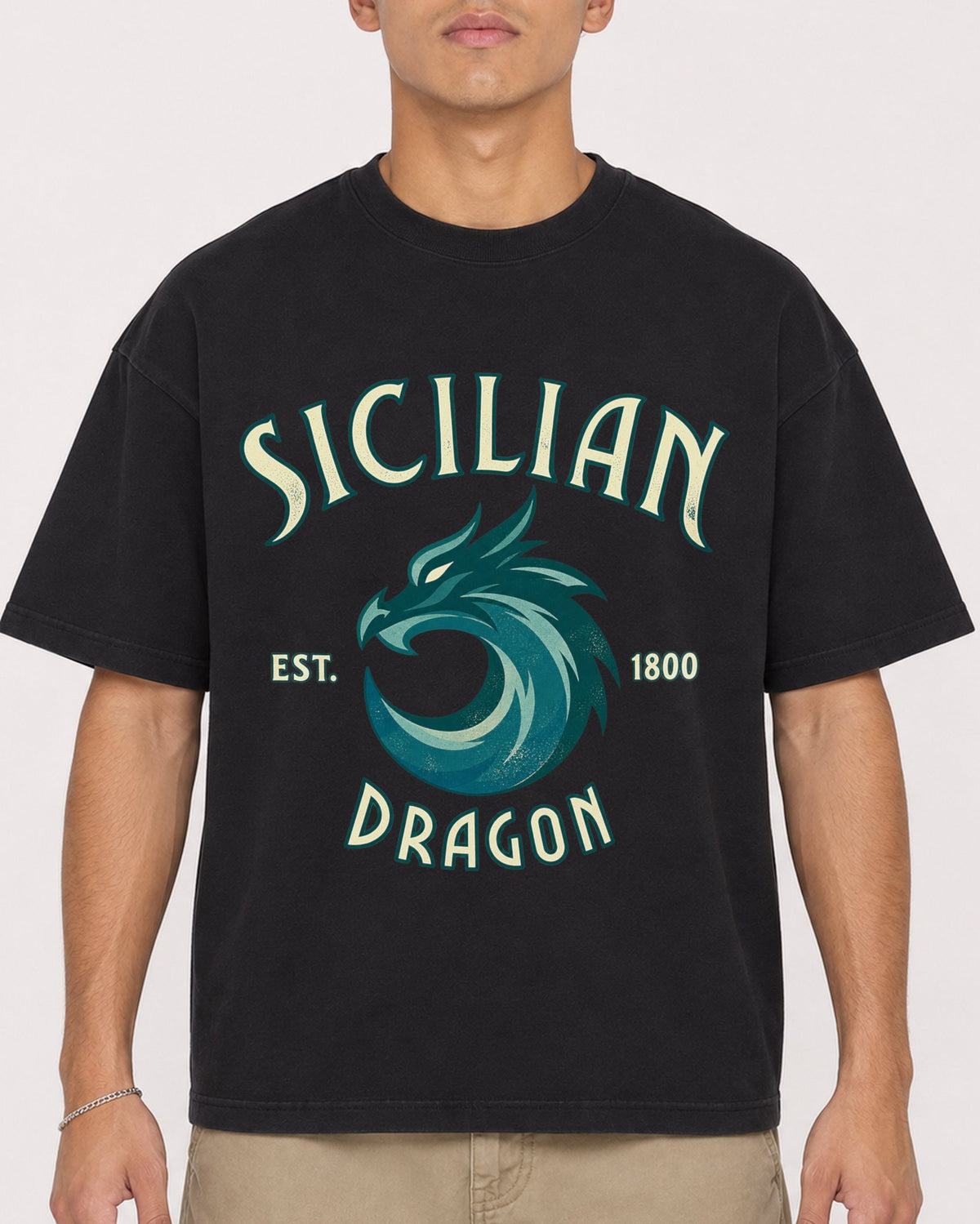 Mockup Boxy Heavyweight Tee Black male close-up 16