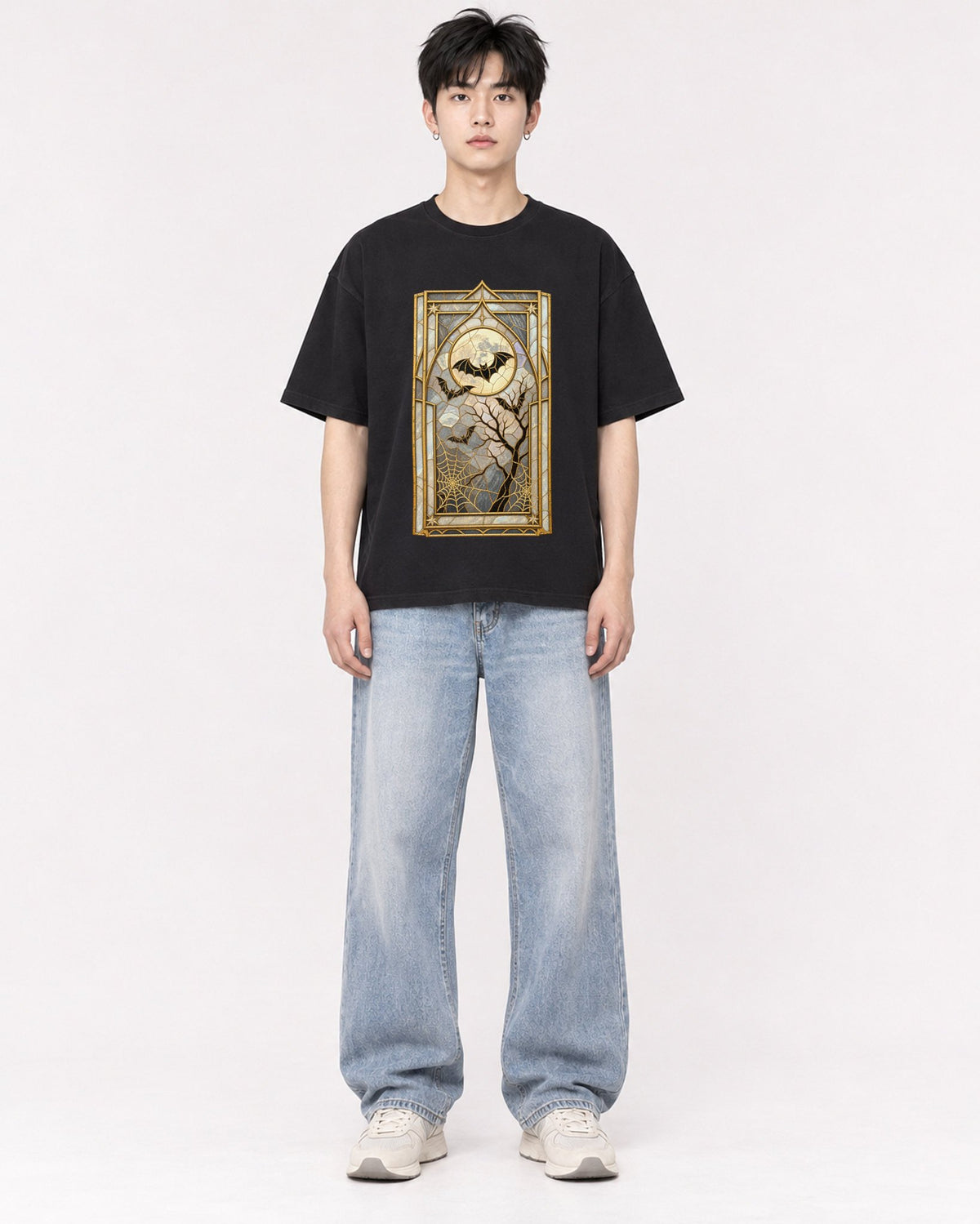 Mockup Boxy Heavyweight Tee Black male full-body 01