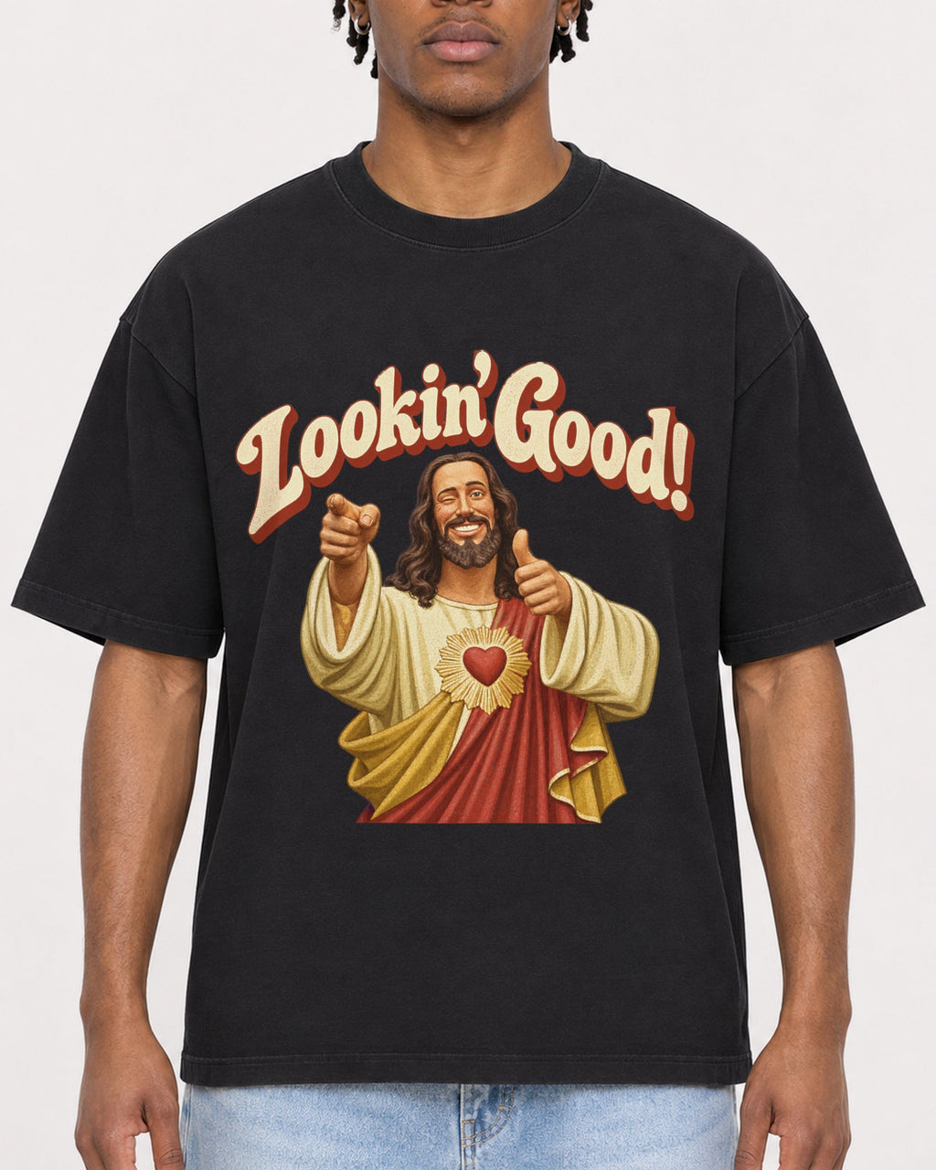 Mockup Boxy Heavyweight Tee Black male close-up 05