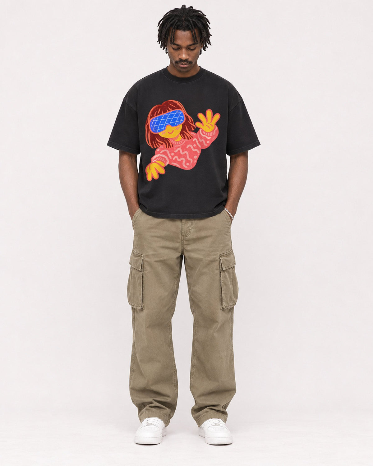 Mockup Boxy Heavyweight Tee Black male full-body 04