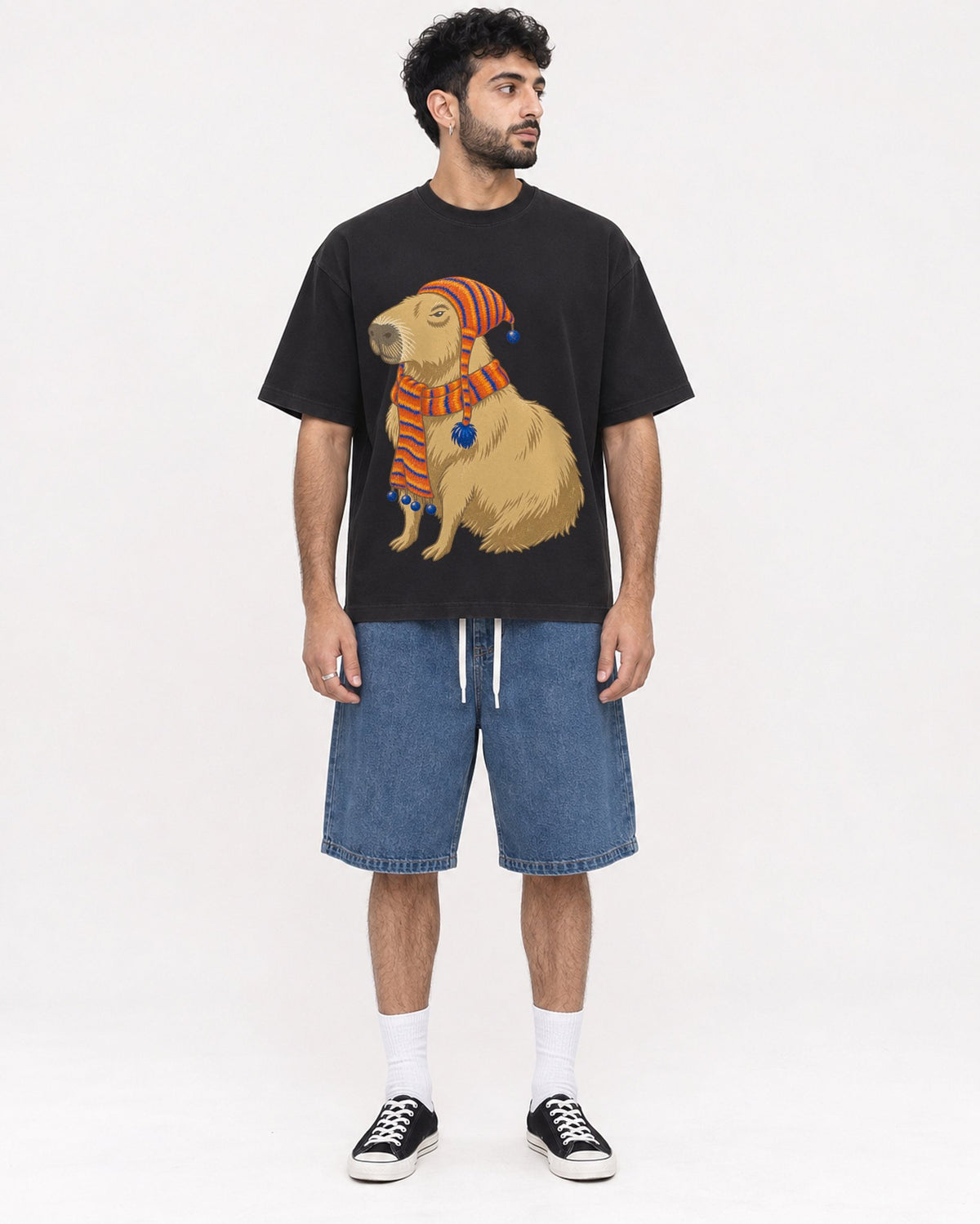 Mockup Boxy Heavyweight Tee Black male full-body 07
