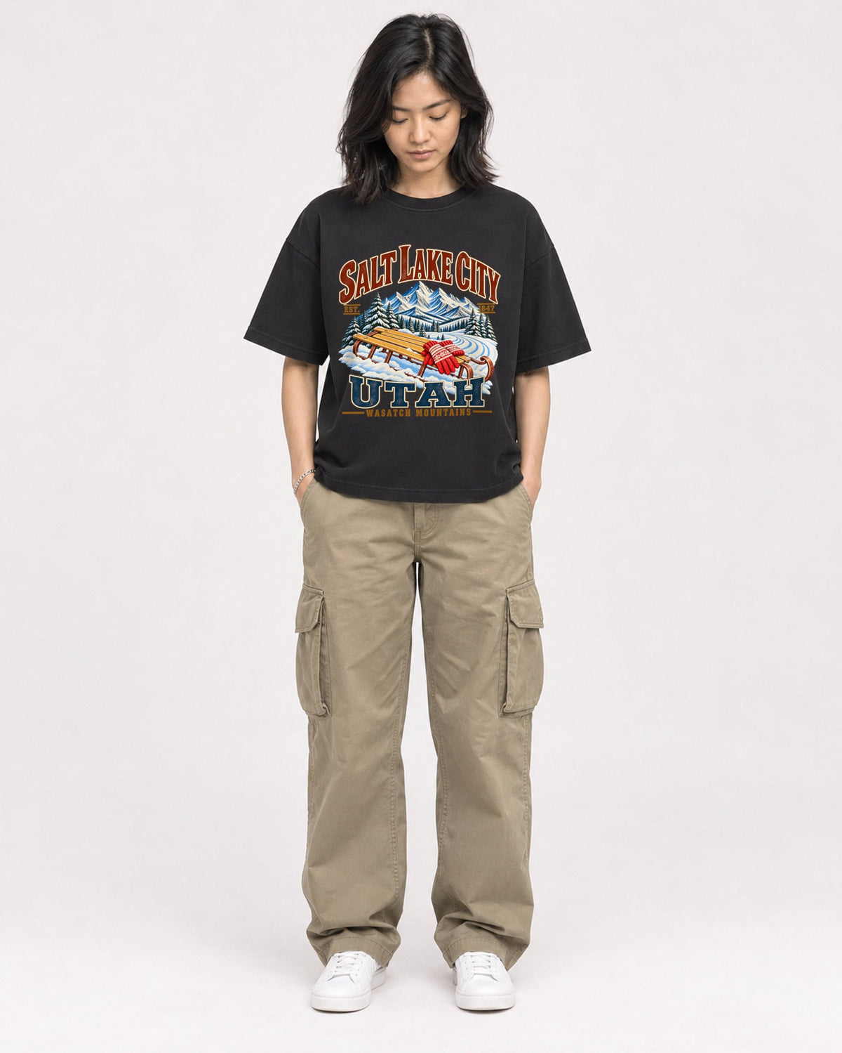 Mockup Boxy Heavyweight Tee Black female full-body 22