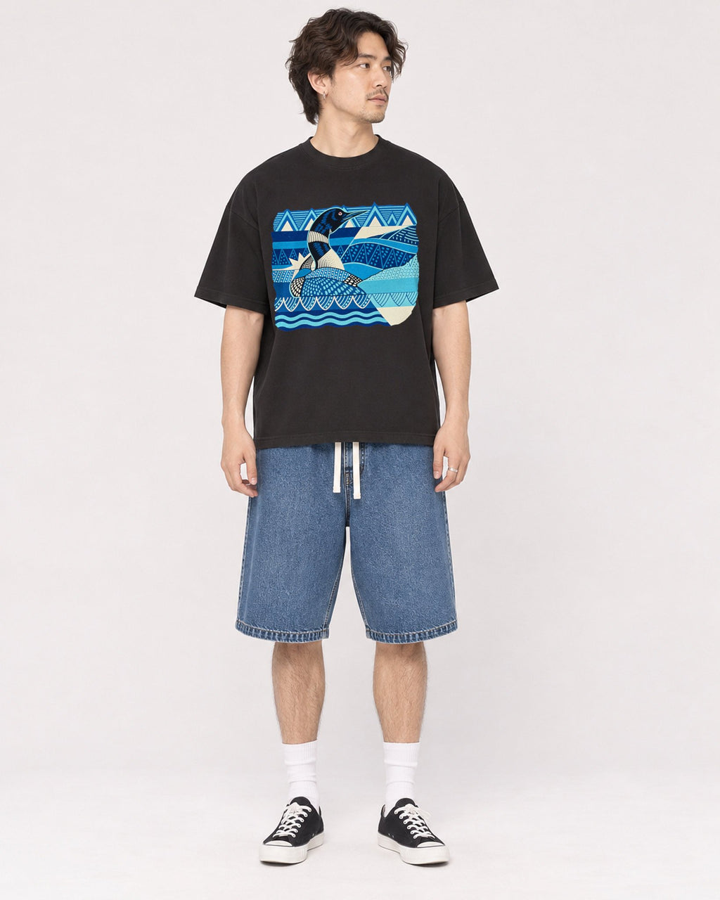 Mockup Boxy Heavyweight Tee Black male full-body 03