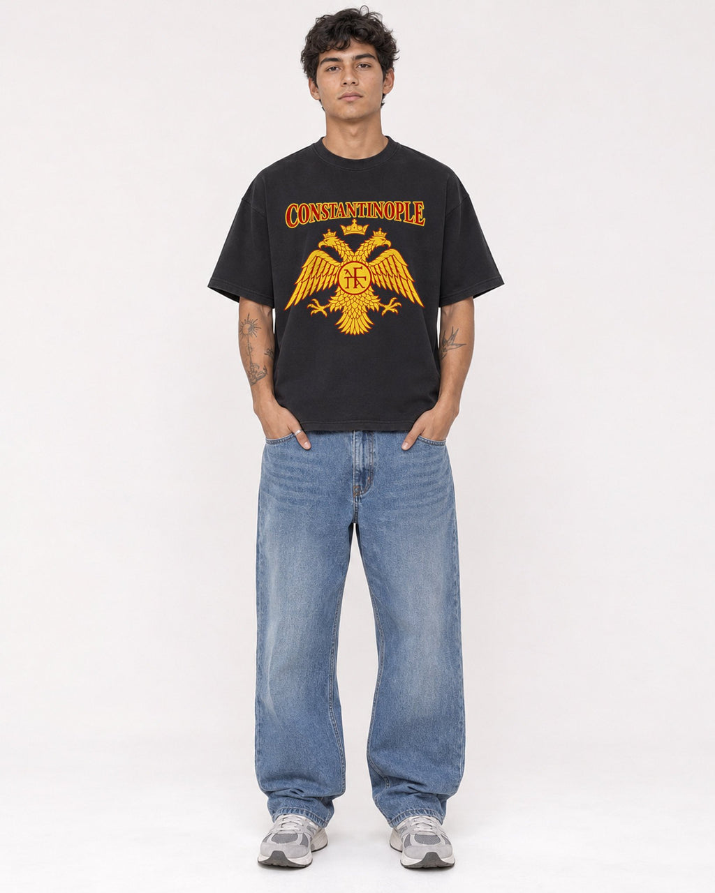 Mockup Boxy Heavyweight Tee Black male full-body 06