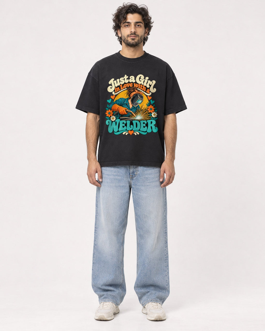 Mockup Boxy Heavyweight Tee Black male full-body 17