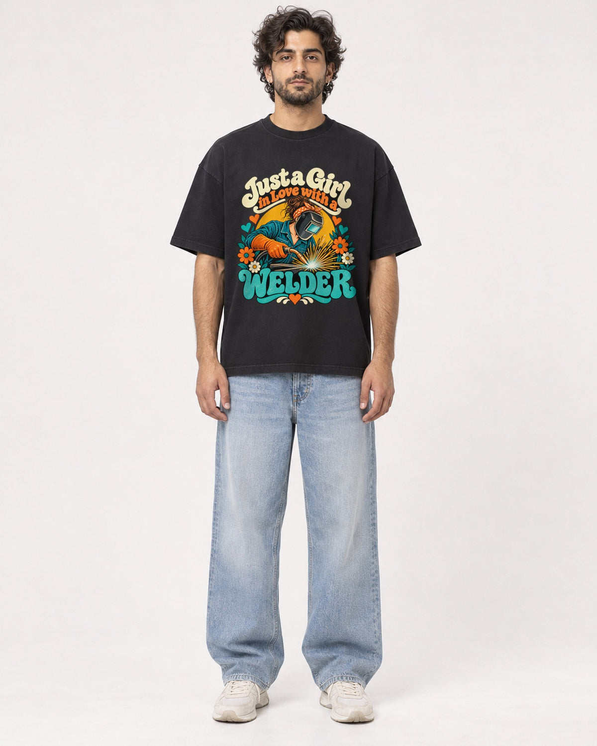 Mockup Boxy Heavyweight Tee Black male full-body 17