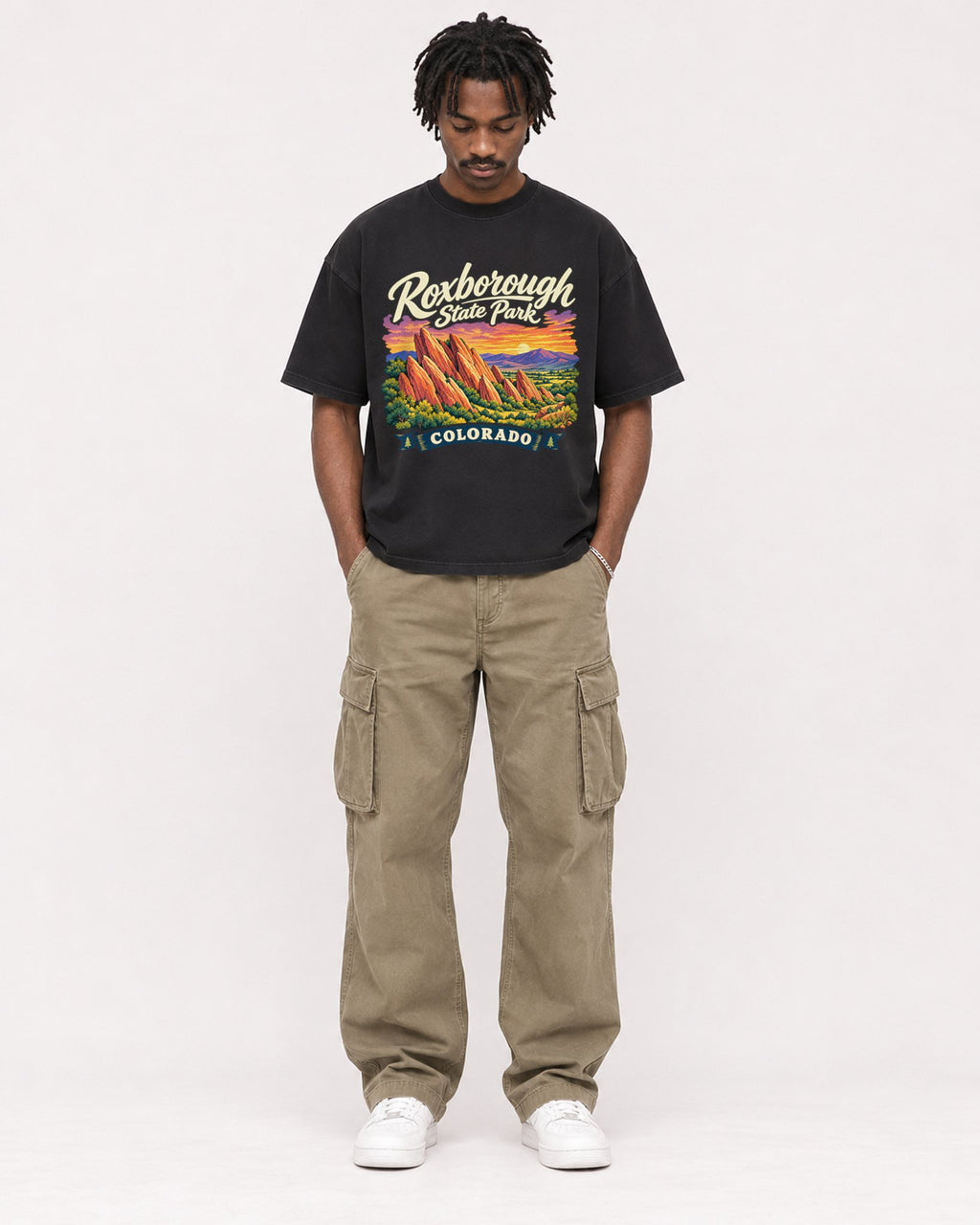 Mockup Boxy Heavyweight Tee Black male full-body 04