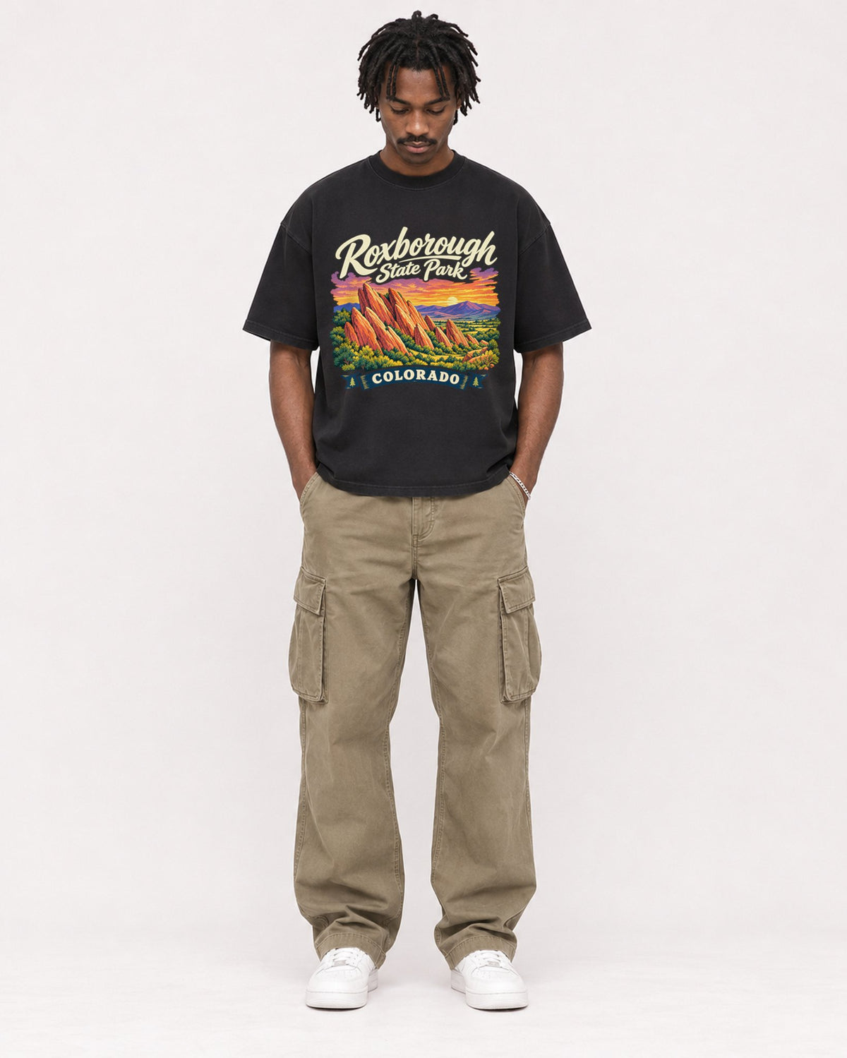 Mockup Boxy Heavyweight Tee Black male full-body 04