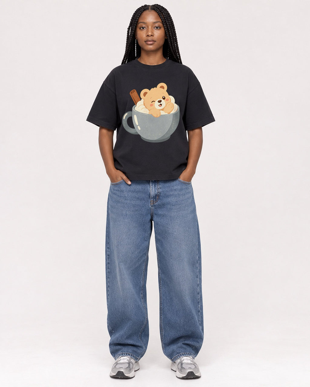Mockup Boxy Heavyweight Tee Black female full-body 04