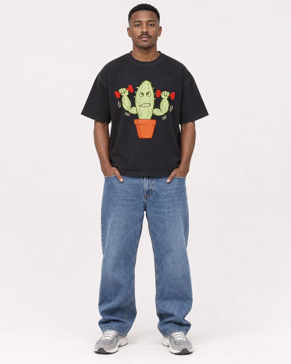 Mockup Boxy Heavyweight Tee Black male full-body 14