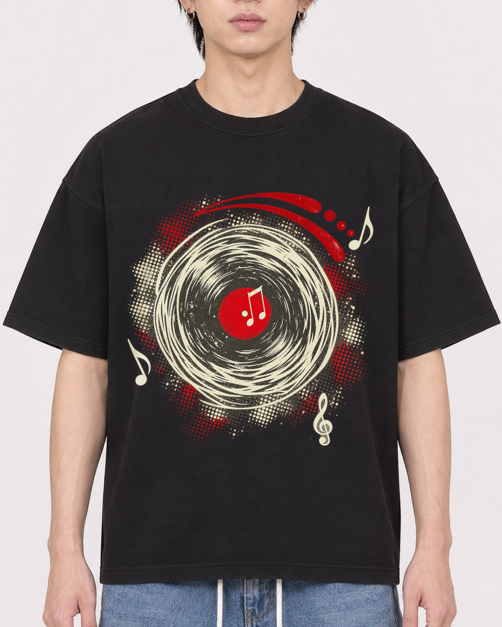 Mockup Boxy Heavyweight Tee Black male close-up 11