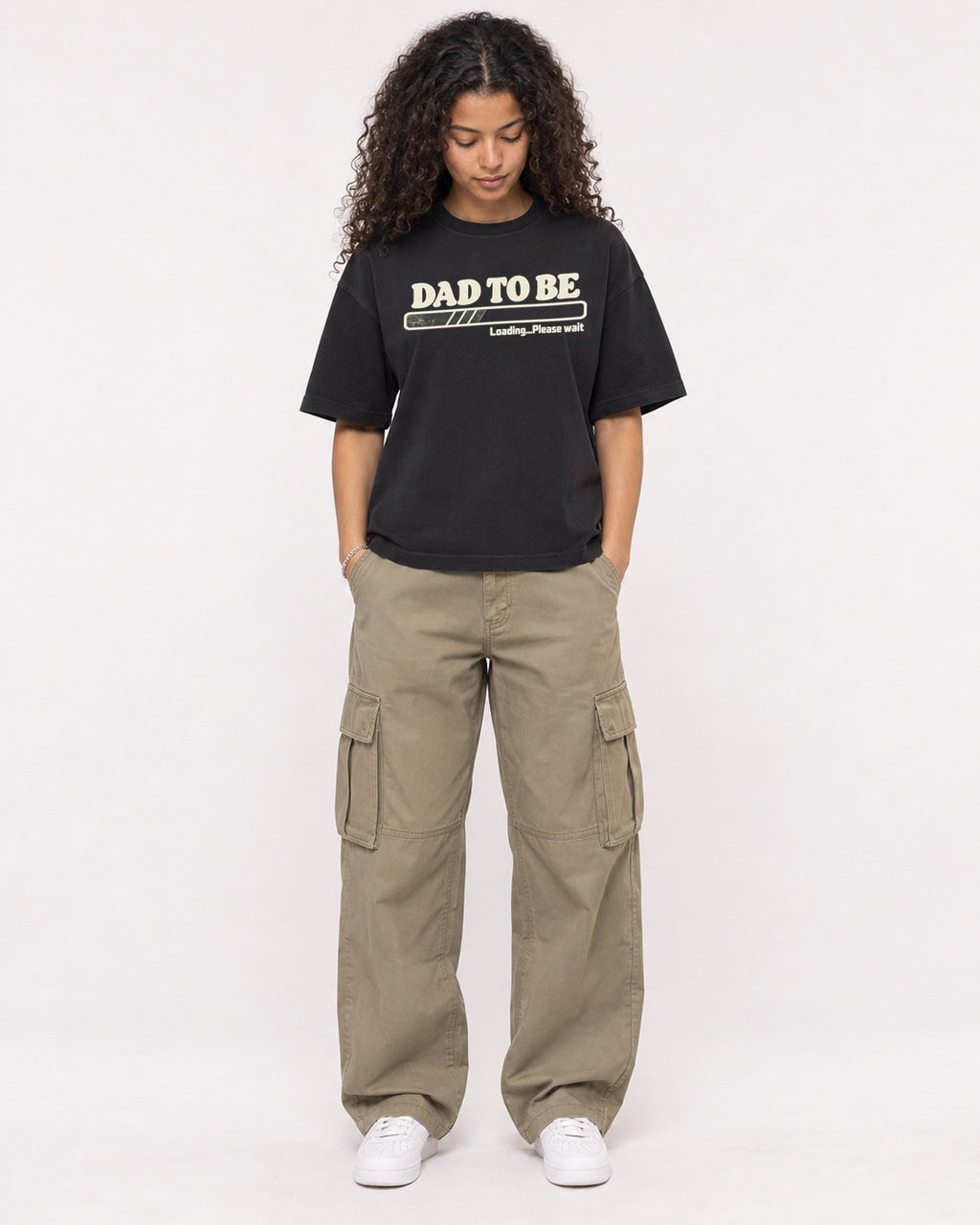Mockup Boxy Heavyweight Tee Black female full-body 10