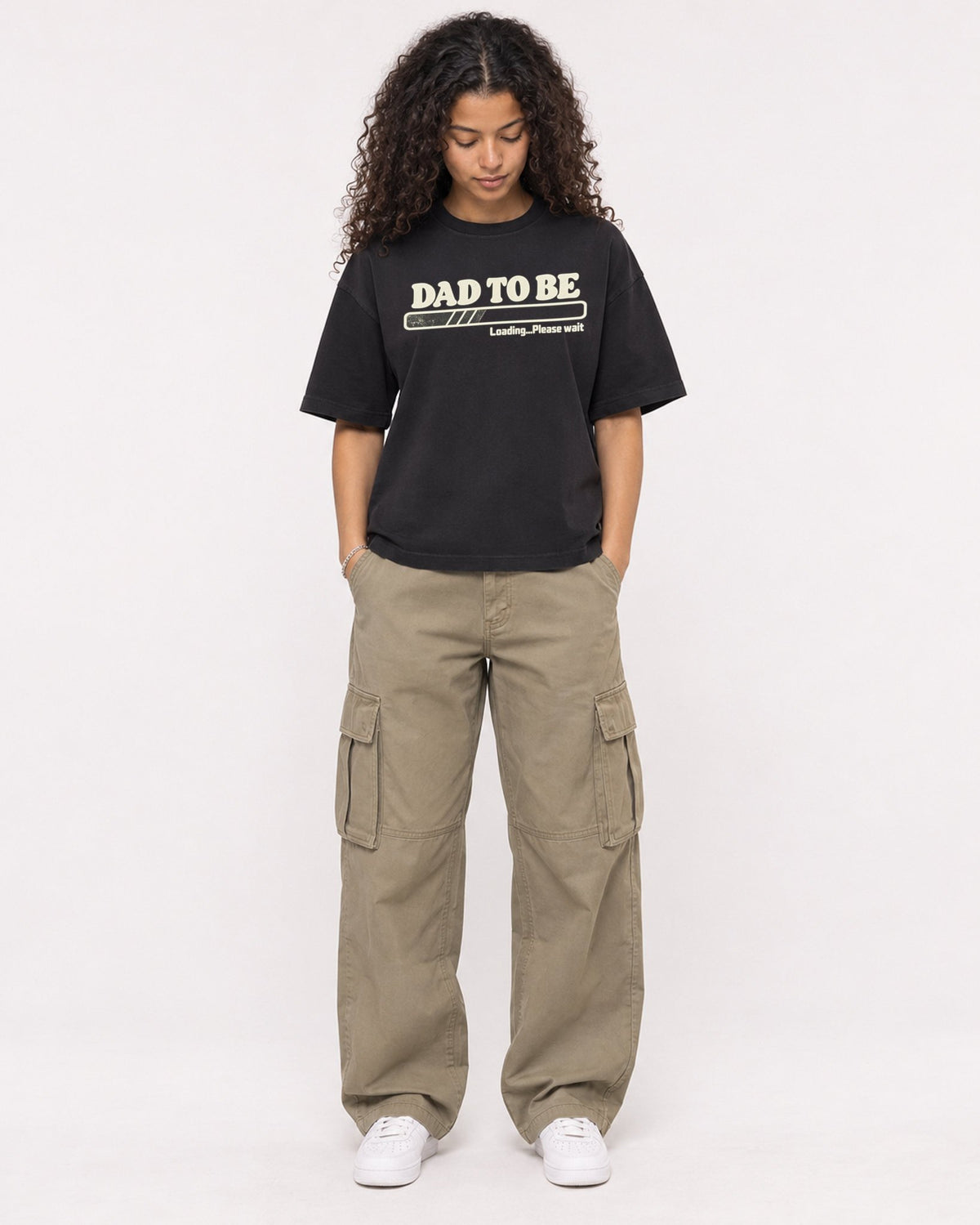 Mockup Boxy Heavyweight Tee Black female full-body 10