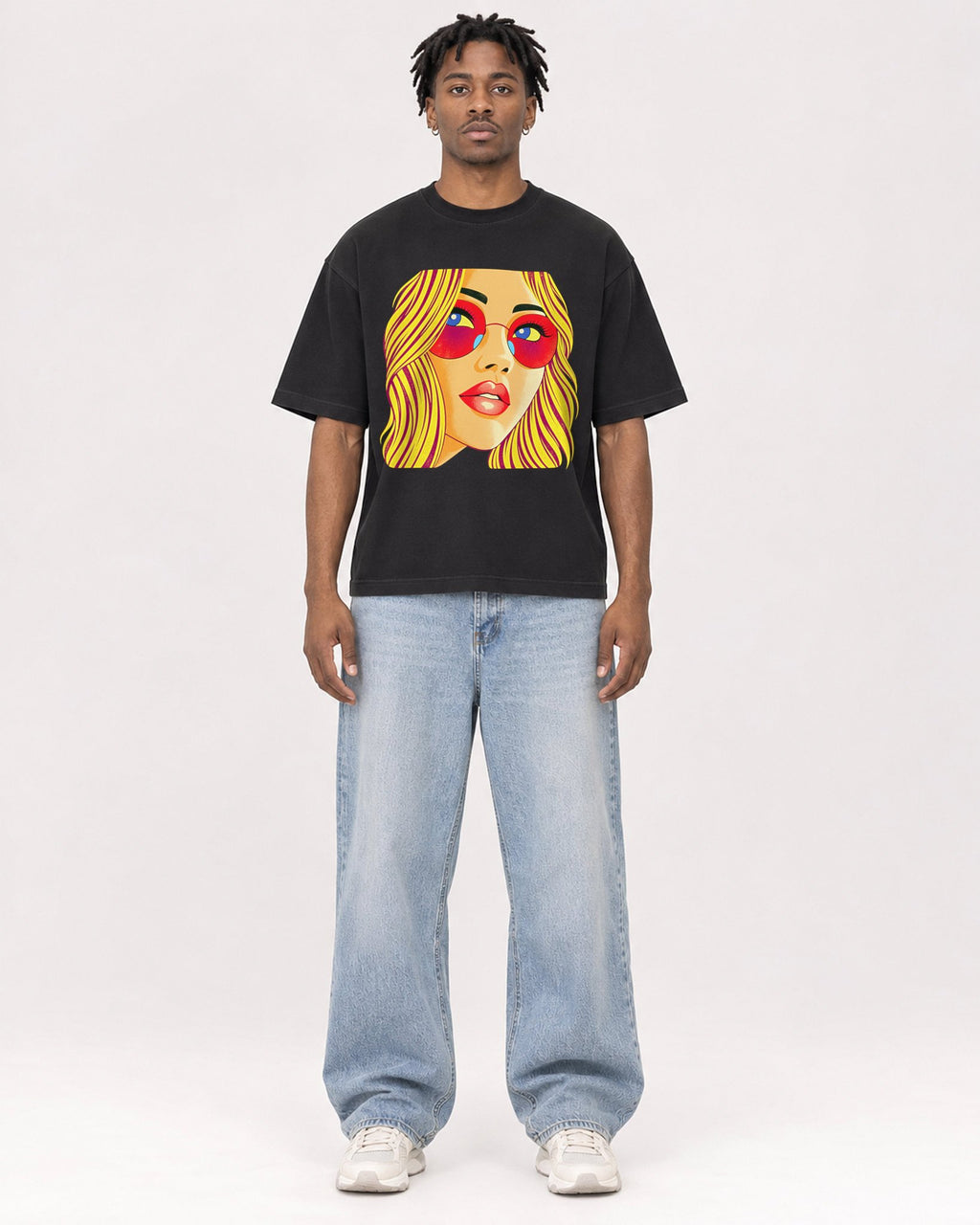 Mockup Boxy Heavyweight Tee Black male full-body 05