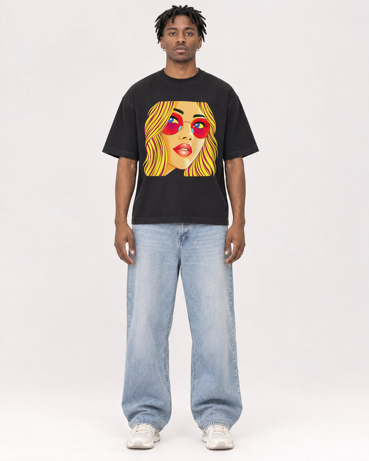 Mockup Boxy Heavyweight Tee Black male full-body 05