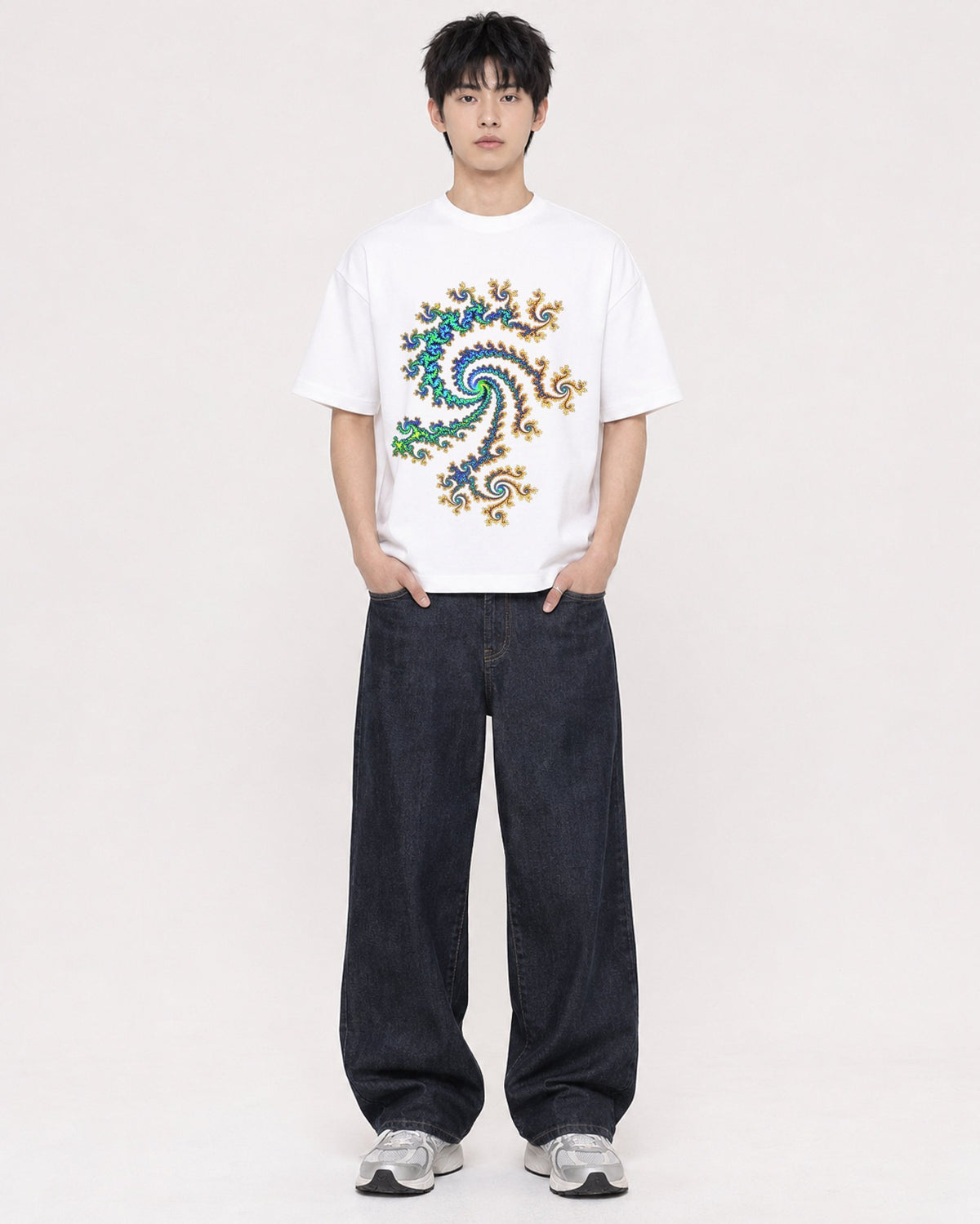 Mockup Boxy Heavyweight Tee White male full-body 01