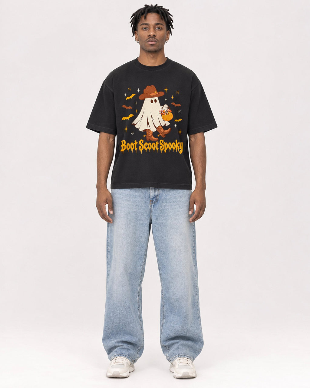 Mockup Boxy Heavyweight Tee Black male full-body 05