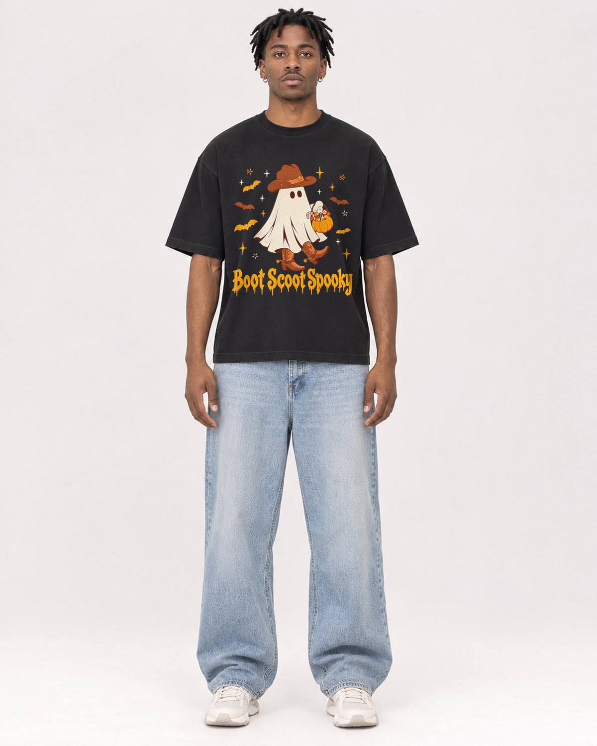 Mockup Boxy Heavyweight Tee Black male full-body 05