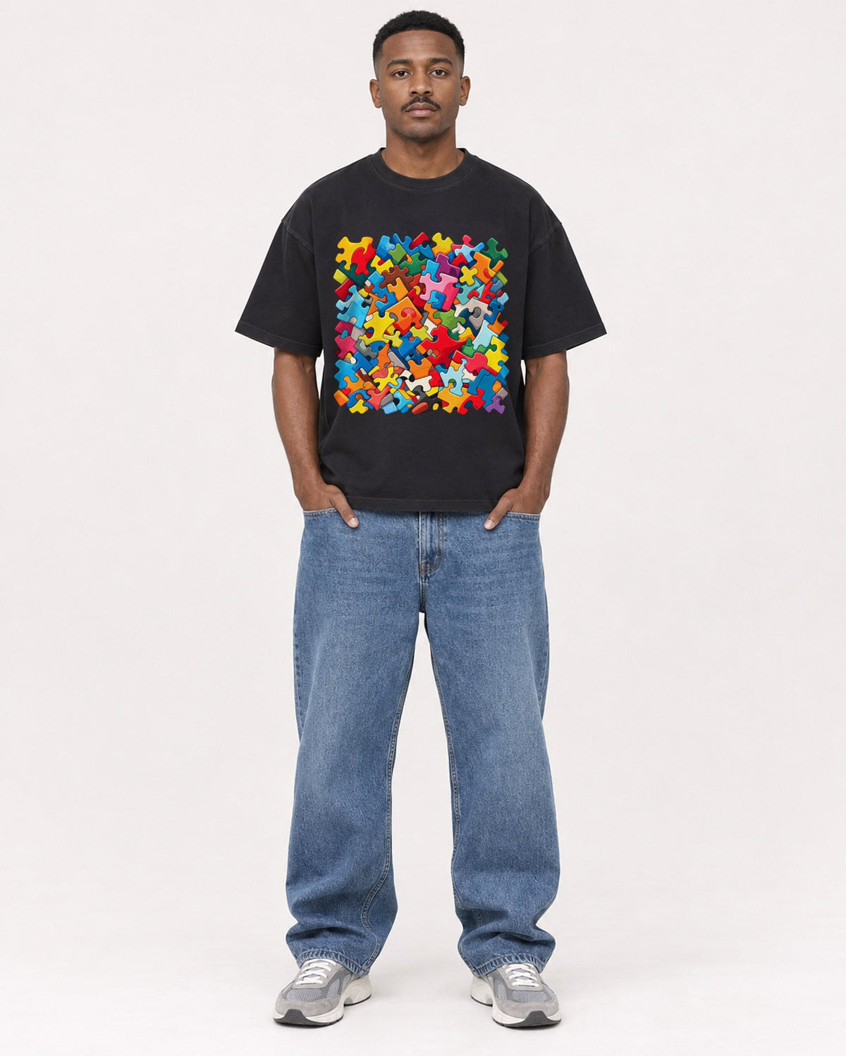 Mockup Boxy Heavyweight Tee Black male full-body 14