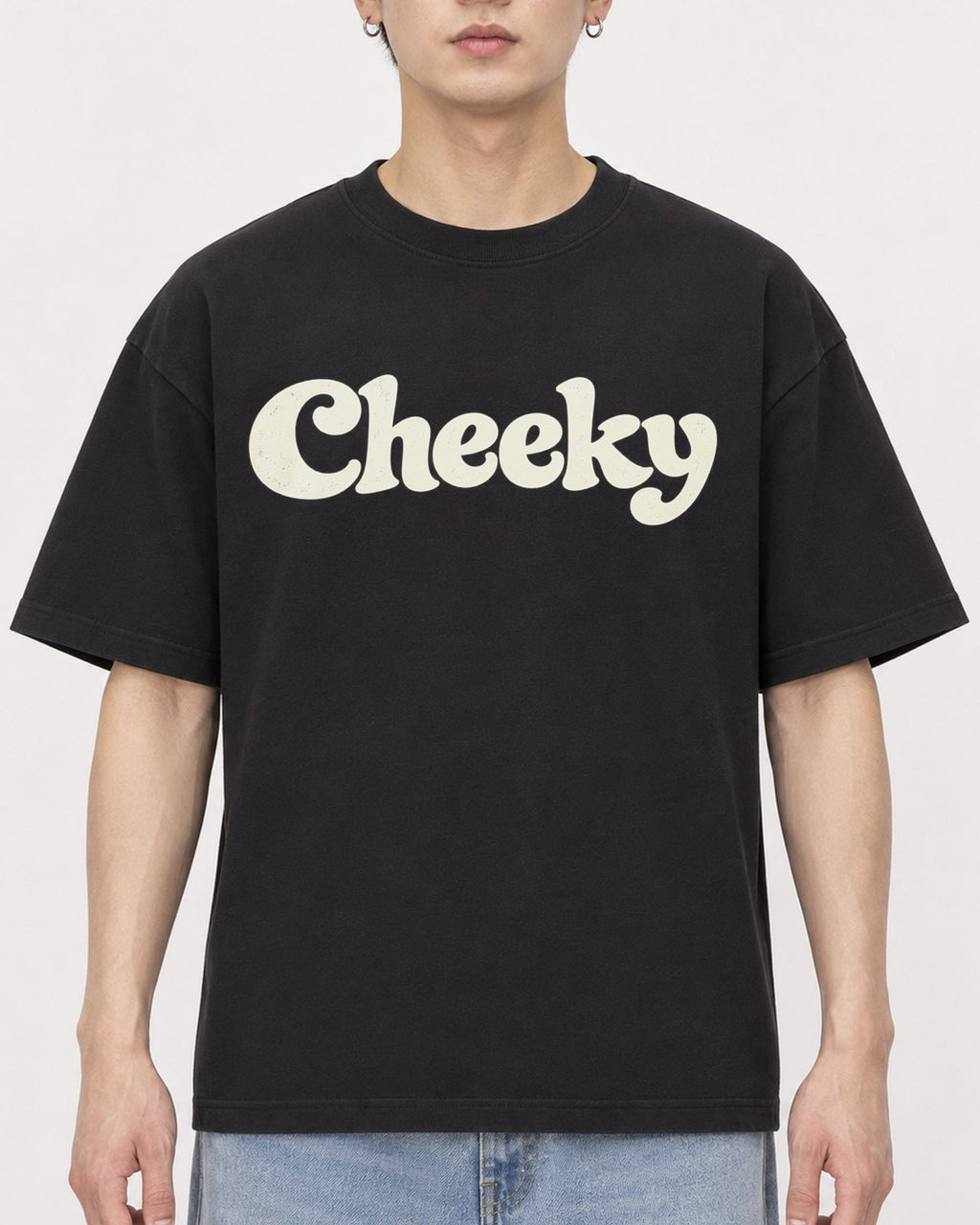 Mockup Boxy Heavyweight Tee Black male close-up 01