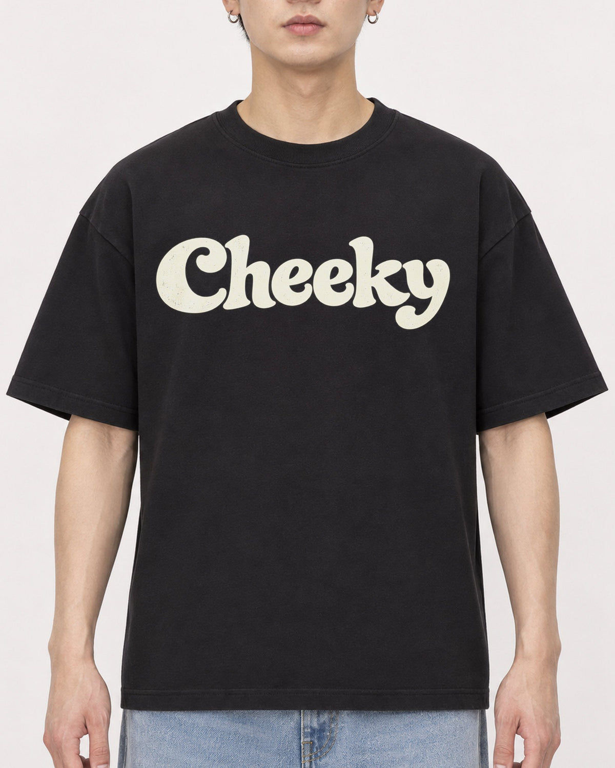 Mockup Boxy Heavyweight Tee Black male close-up 01