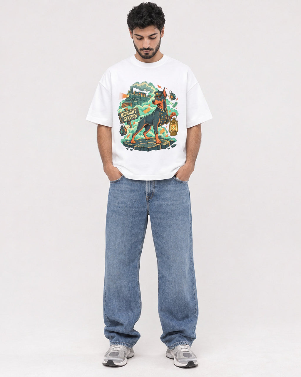 Mockup Boxy Heavyweight Tee White male full-body 07