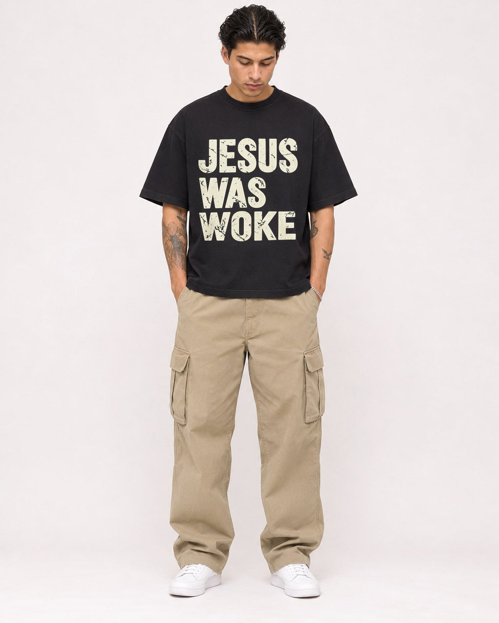 Mockup Boxy Heavyweight Tee Black male full-body 36