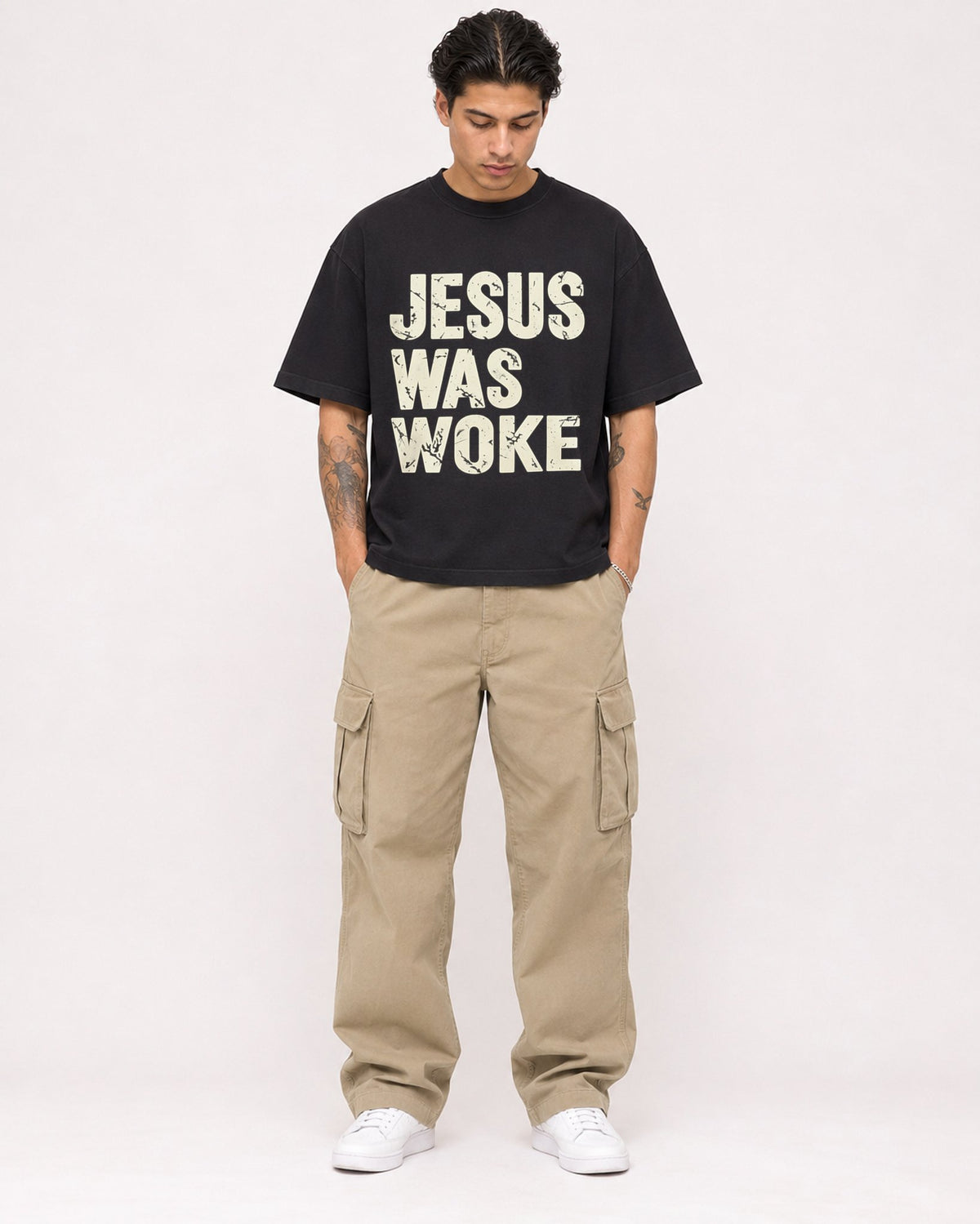 Mockup Boxy Heavyweight Tee Black male full-body 36