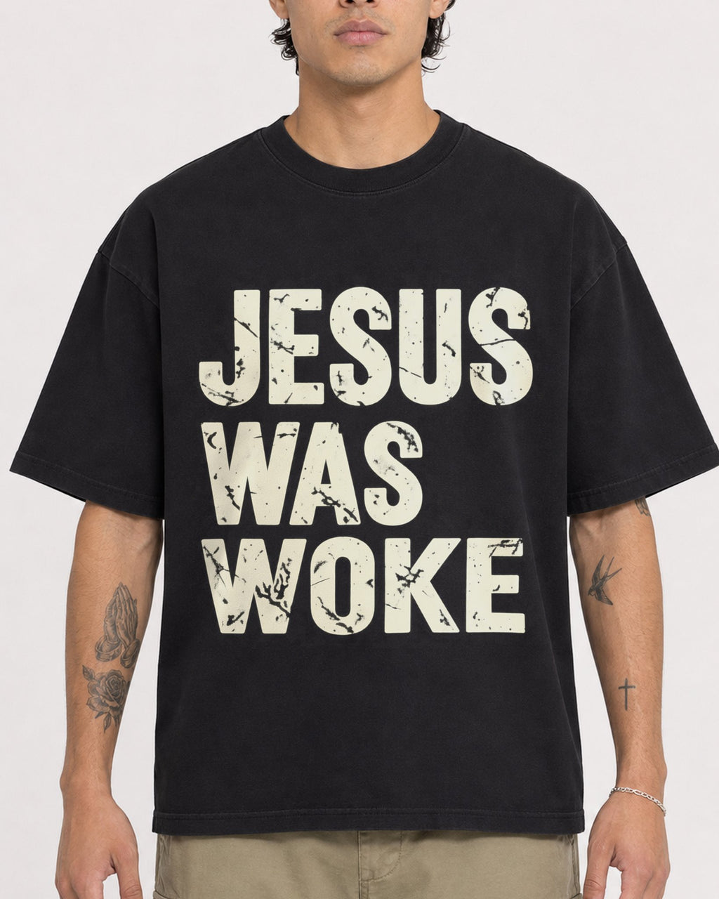 Mockup Boxy Heavyweight Tee Black male close-up 36