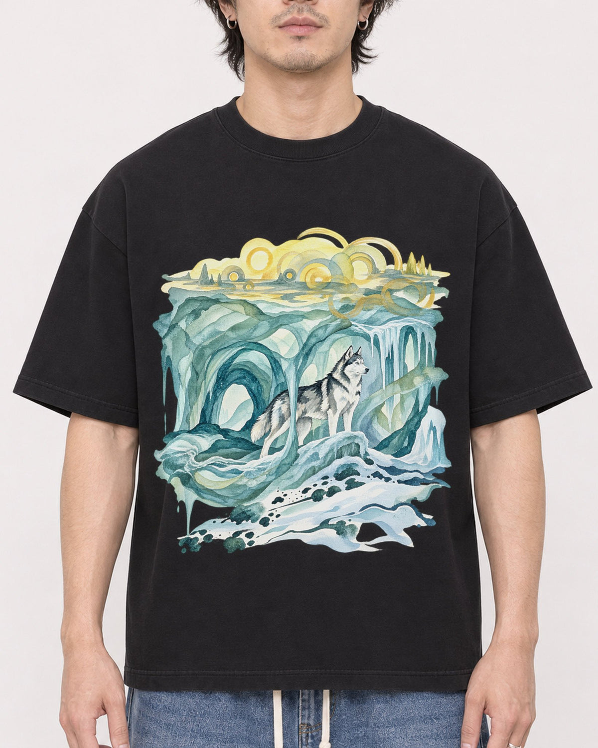 Mockup Boxy Heavyweight Tee Black male close-up 03
