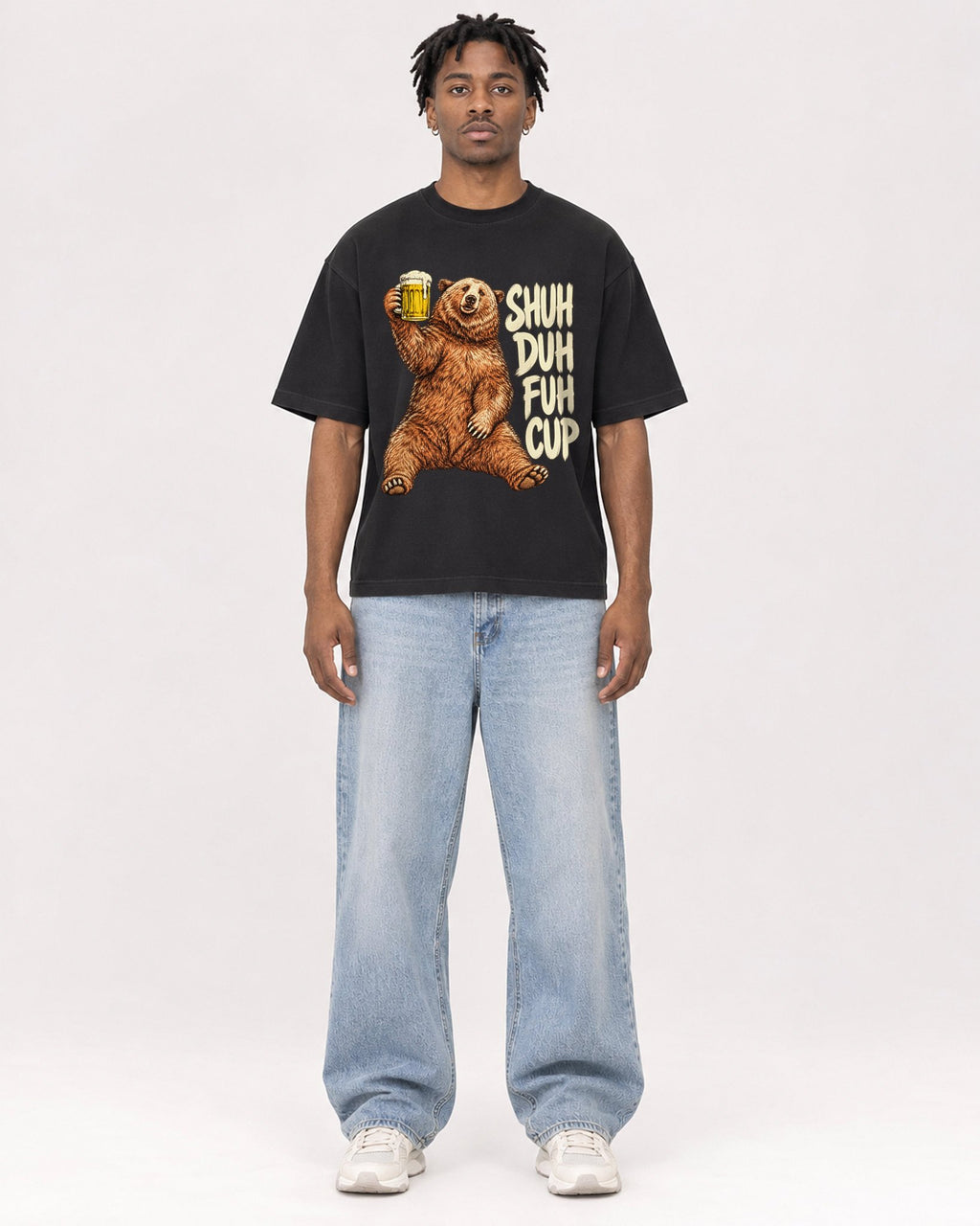 Mockup Boxy Heavyweight Tee Black male full-body 05