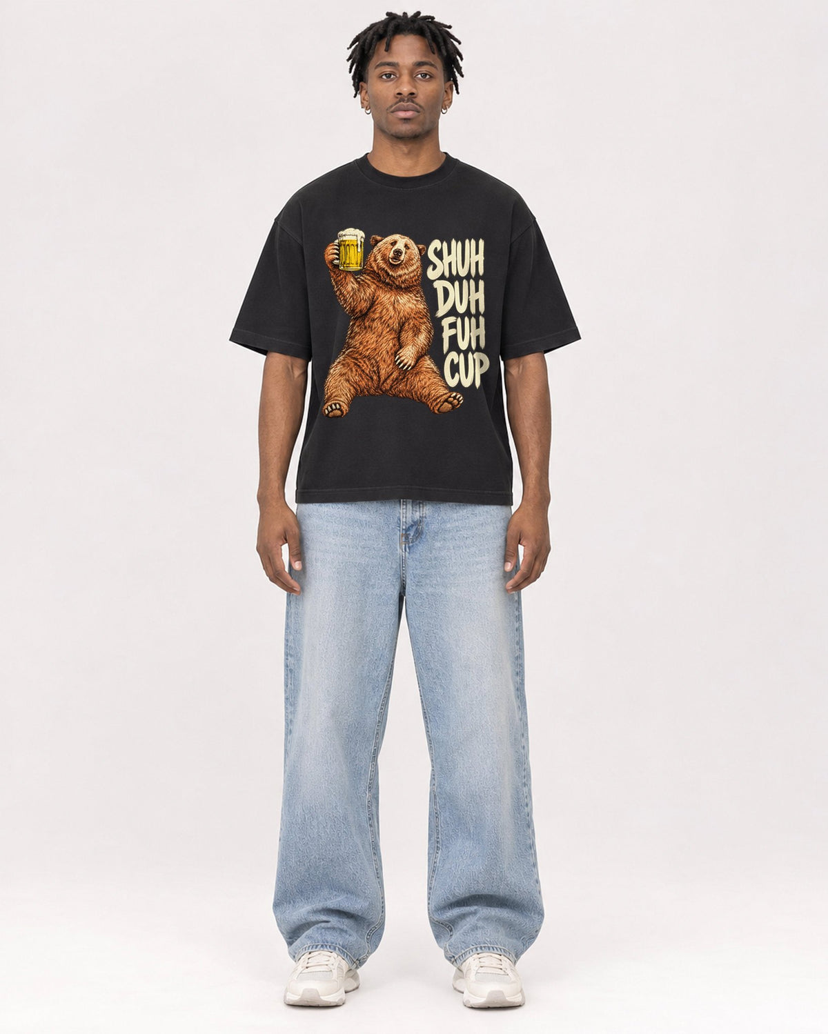 Mockup Boxy Heavyweight Tee Black male full-body 05