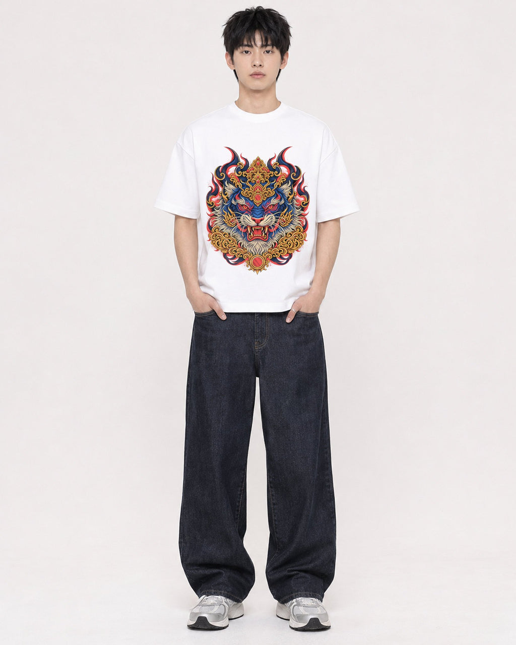 Mockup Boxy Heavyweight Tee White male full-body 01
