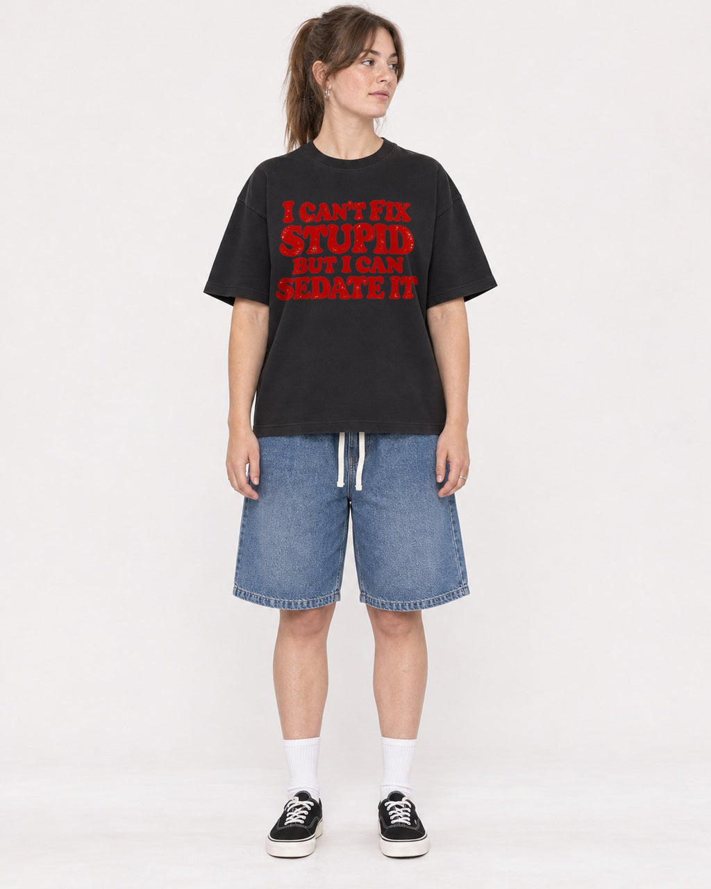 Mockup Boxy Heavyweight Tee Black female full-body 29