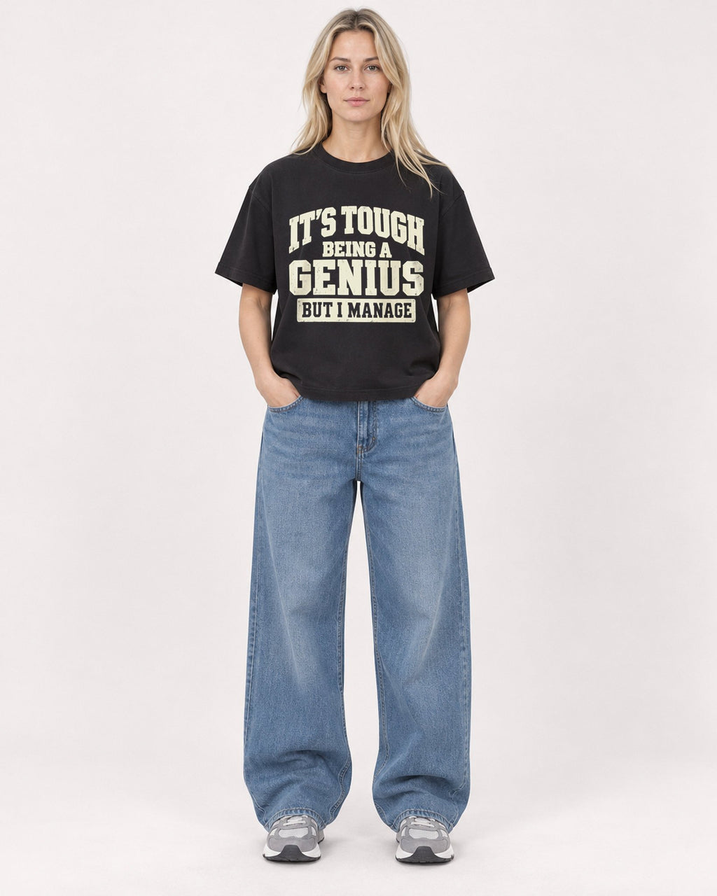 Mockup Boxy Heavyweight Tee Black female full-body 08
