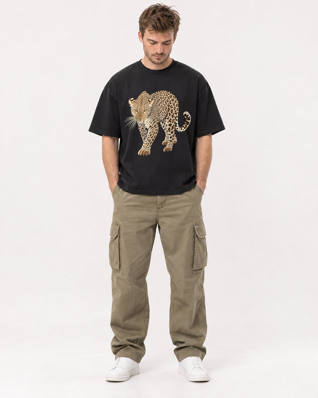 Mockup Boxy Heavyweight Tee Black male full-body 08