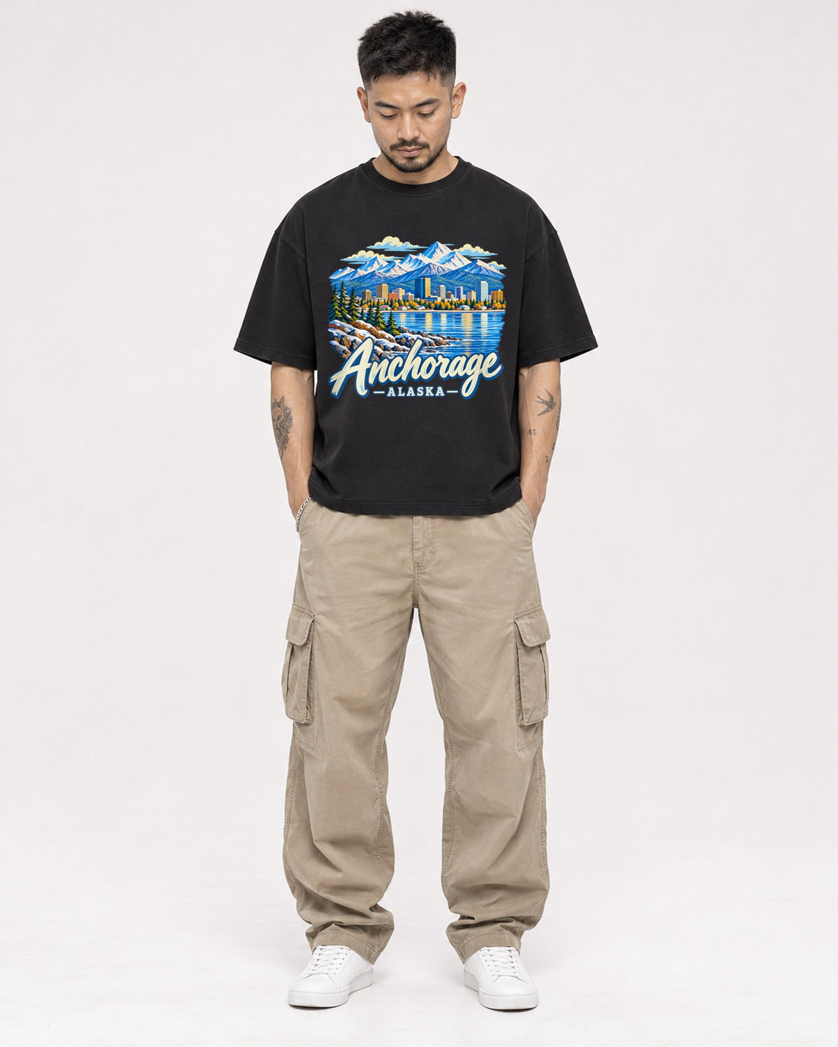 Mockup Boxy Heavyweight Tee Black male full-body 12