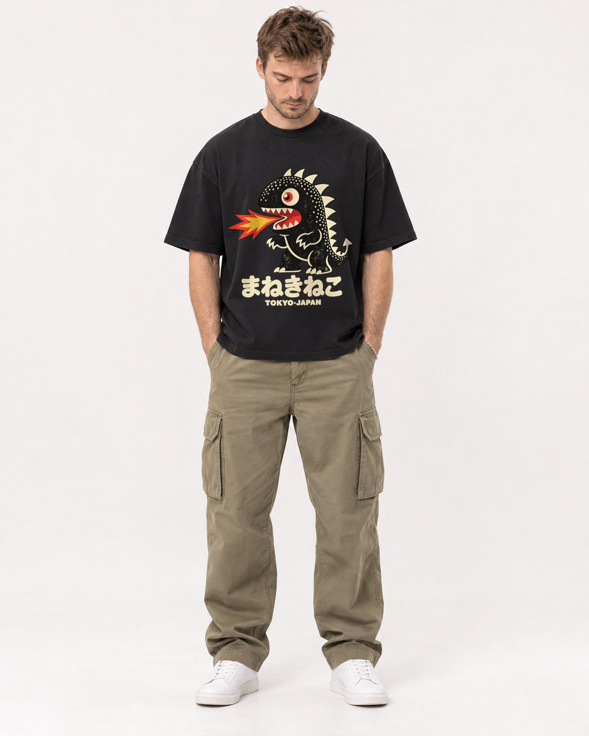 Mockup Boxy Heavyweight Tee Black male full-body 08