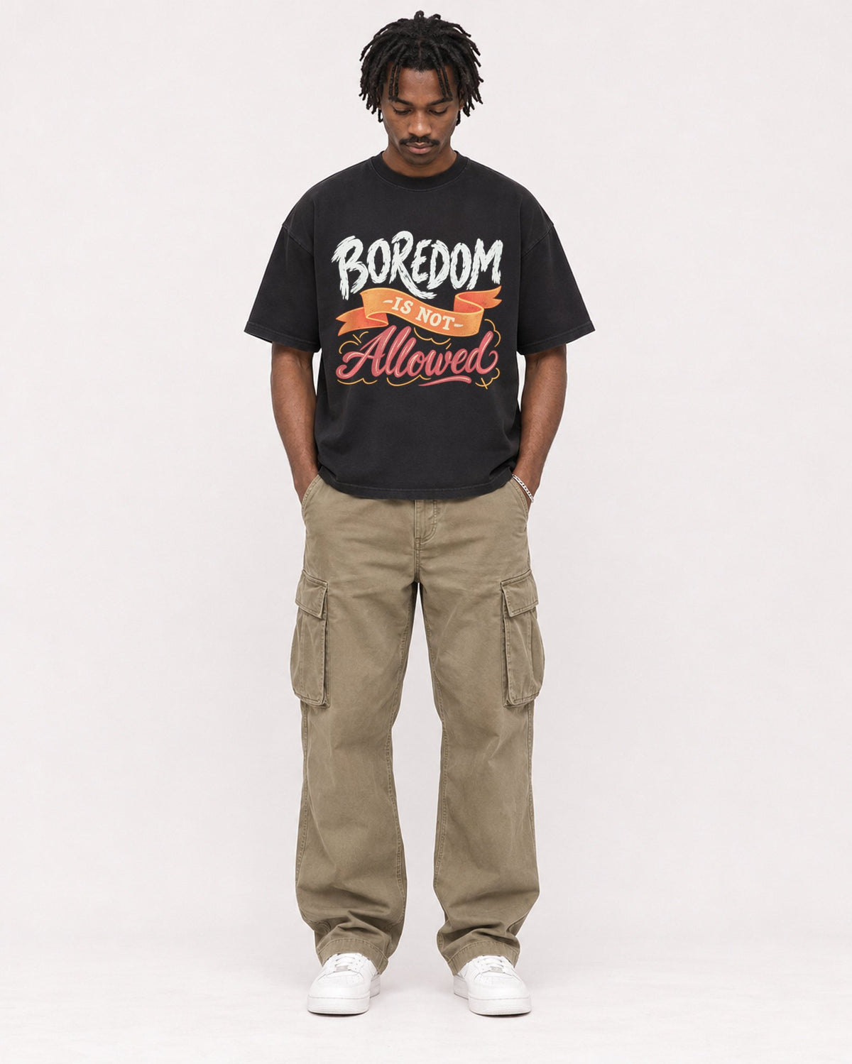 Mockup Boxy Heavyweight Tee Black male full-body 04