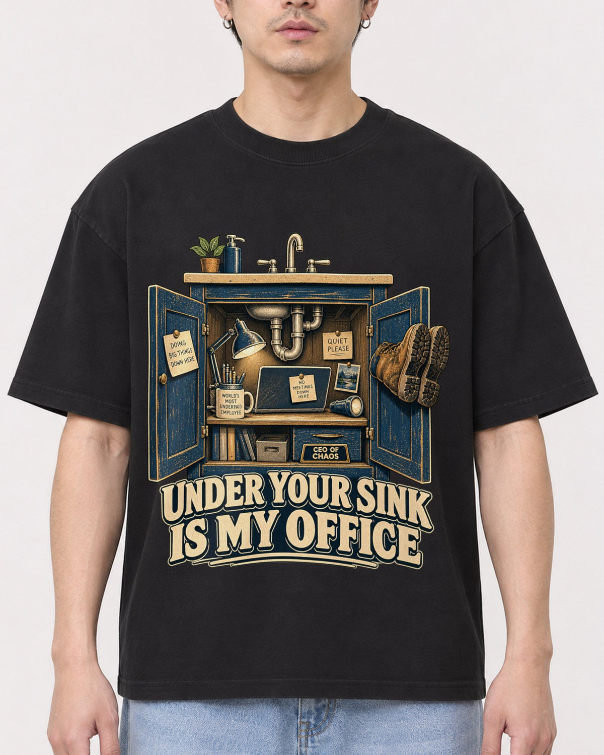 Mockup Boxy Heavyweight Tee Black male close-up 13