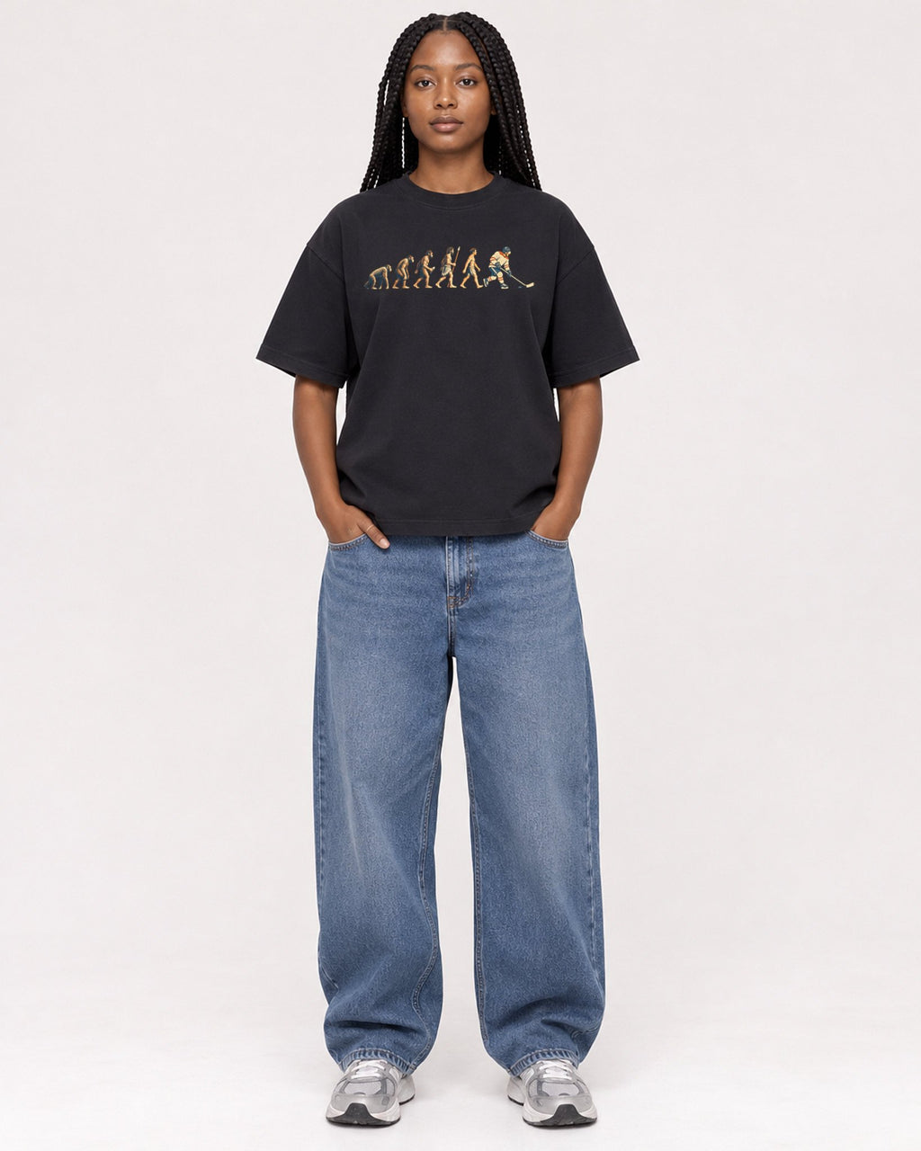 Mockup Boxy Heavyweight Tee Black female full-body 04