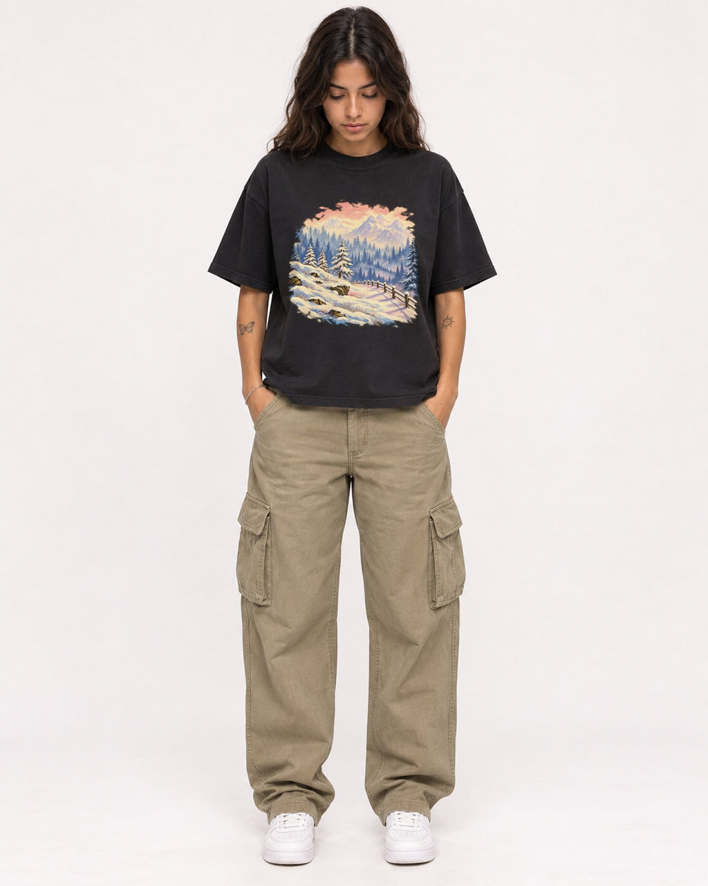 Mockup Boxy Heavyweight Tee Black female full-body 06