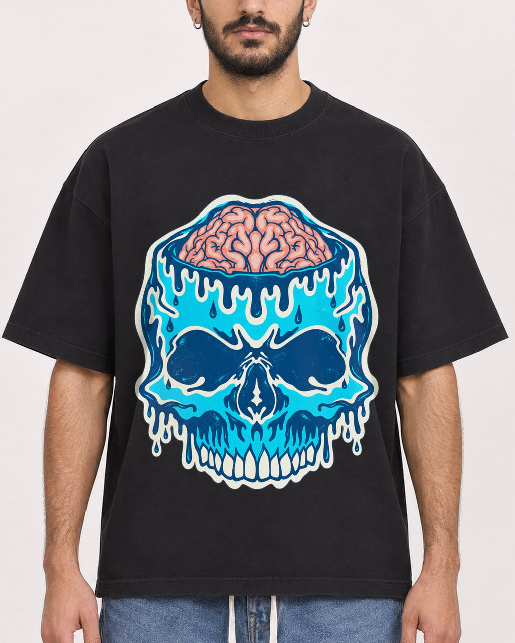 Mockup Boxy Heavyweight Tee Black male close-up 07