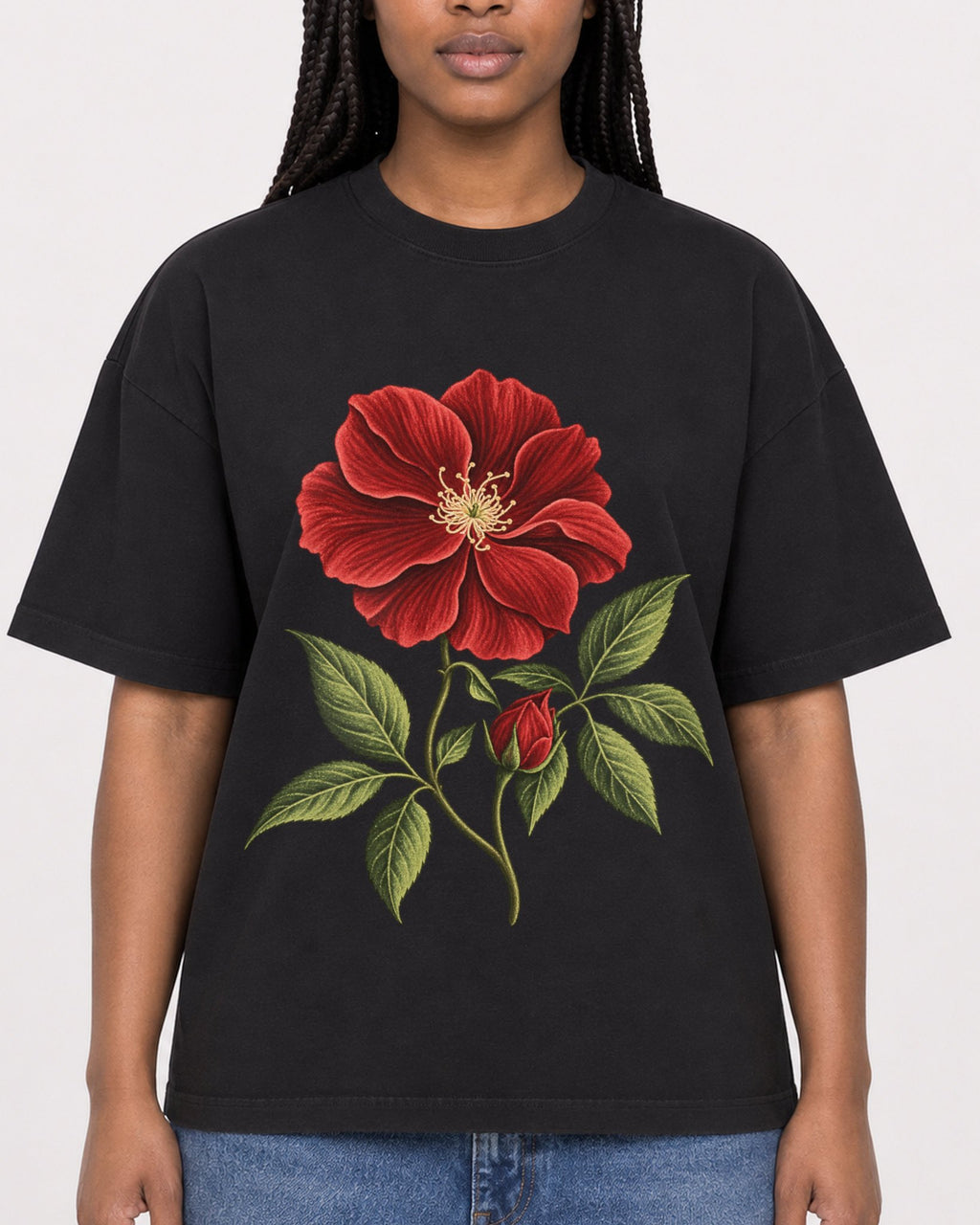 Mockup Boxy Heavyweight Tee Black female close-up 04
