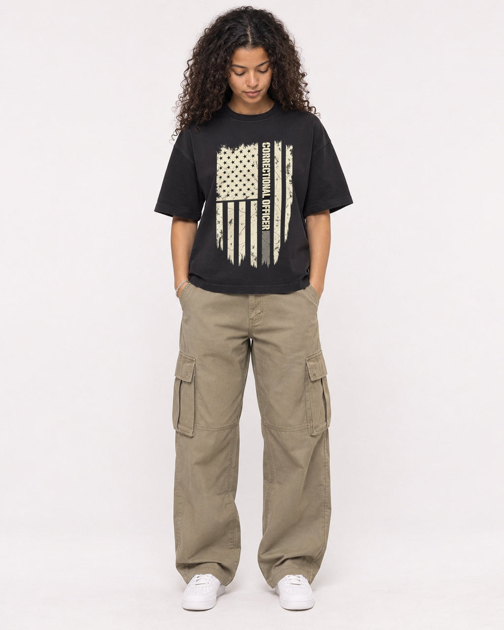 Mockup Boxy Heavyweight Tee Black female full-body 10
