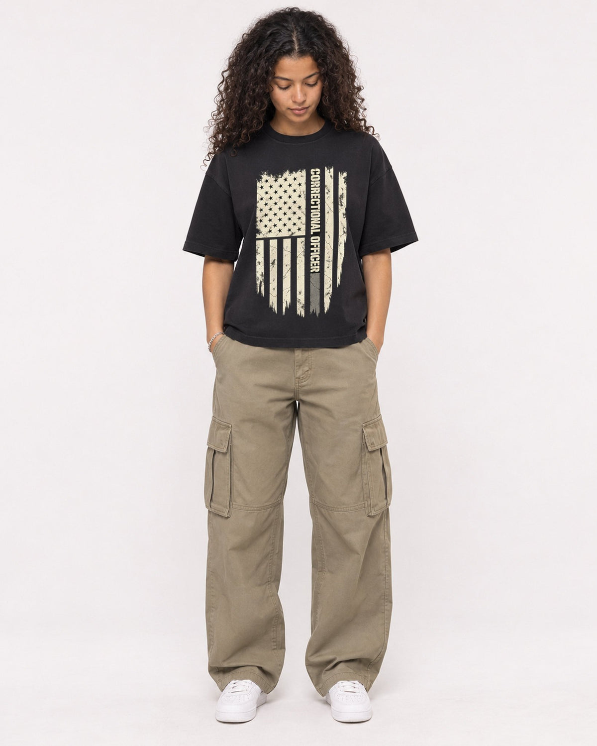 Mockup Boxy Heavyweight Tee Black female full-body 10