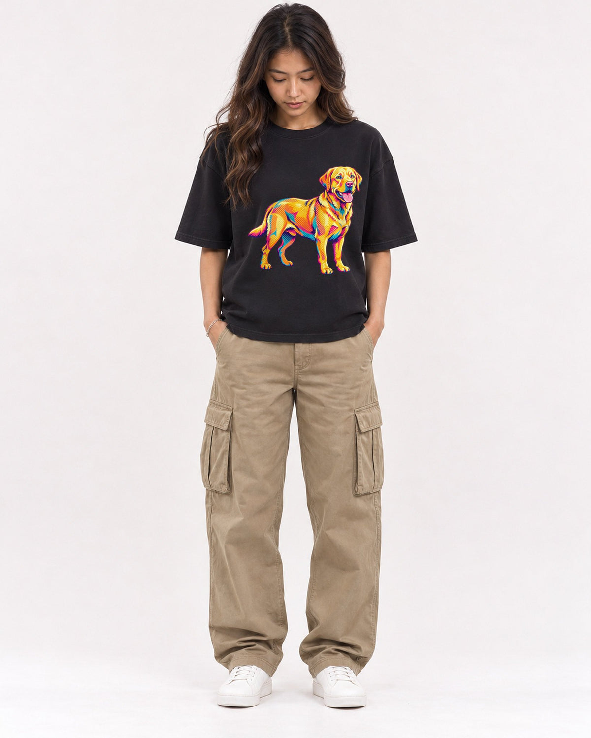 Mockup Boxy Heavyweight Tee Black female full-body 02